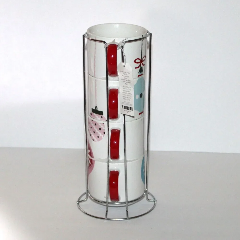 Pier 1 set 4 Stacking Mugs on metal stand Christmas ornaments